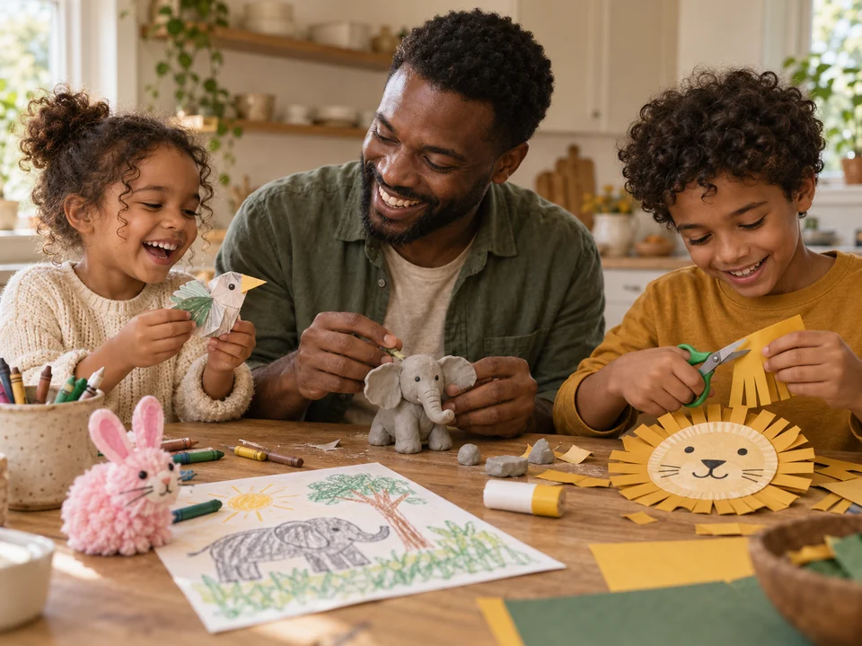 A father and two children making a clay elephant, paper-plate lion, and folded-paper bird together