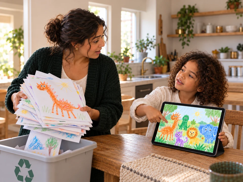 Mom holds a stack of drawings above a paper recycling bin while her daughter points to their saved animal zoo on an iPad
