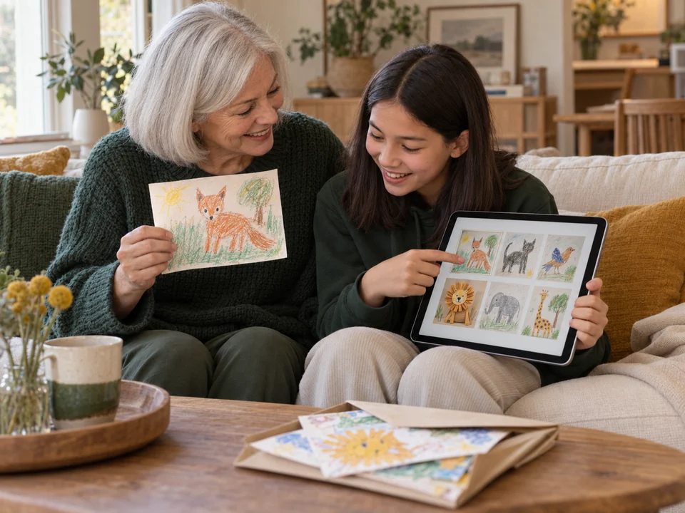 A grandmother and older child smiling over saved childhood drawings on an iPad