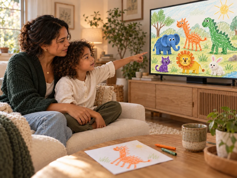 A parent and child on the sofa, the child pointing at a TV full of their crayon and craft animals.